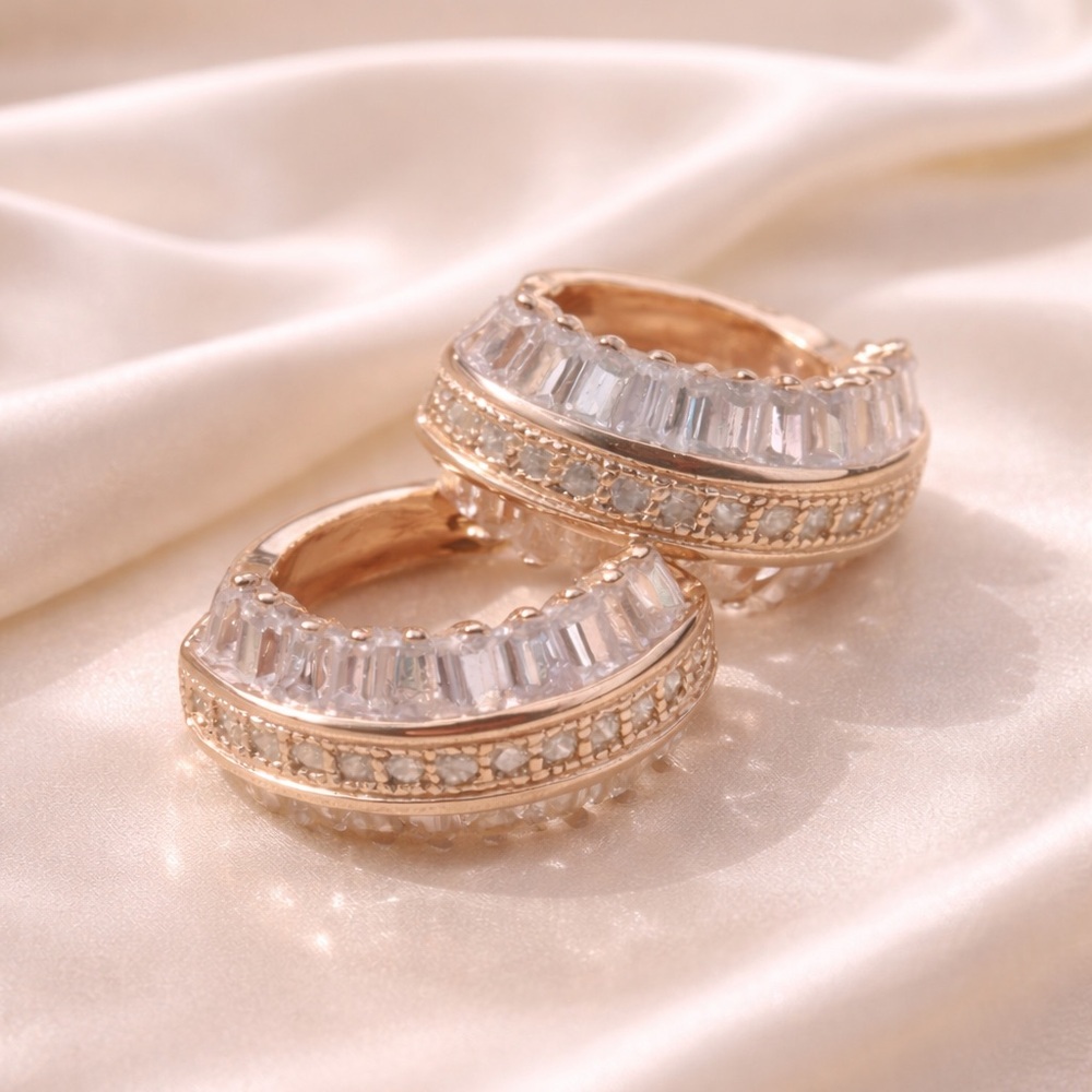 NWOT Rose Gold Baguette CZ Double Halo Huggie Hoop Earrings